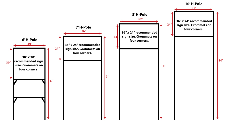 6', 7', 8' and 10' H-Pole recommended dimensions graphic.