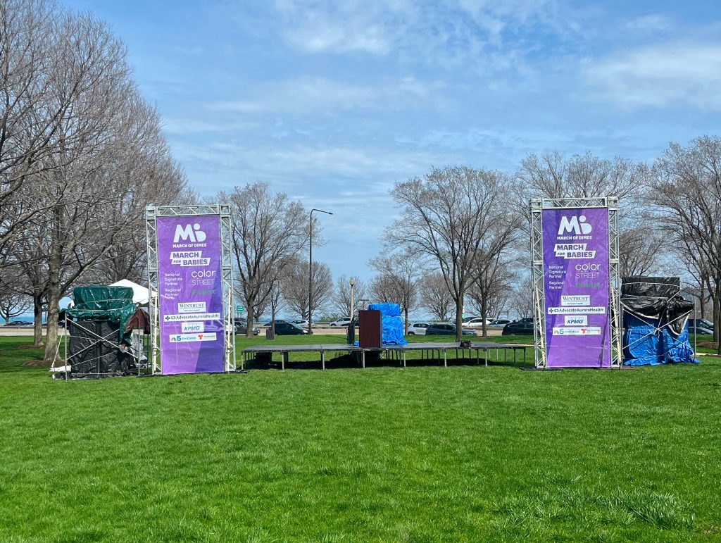 Large stage set up outside for March for Babies.