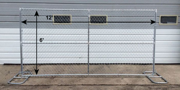 Standard chain link perimeter patrol fencing set up outside measuring 12' wide and 6' tall.