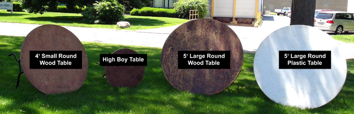 4' small round wood table, high boy table, 5' large round wood table and 5' large round plastic table displayed outside.