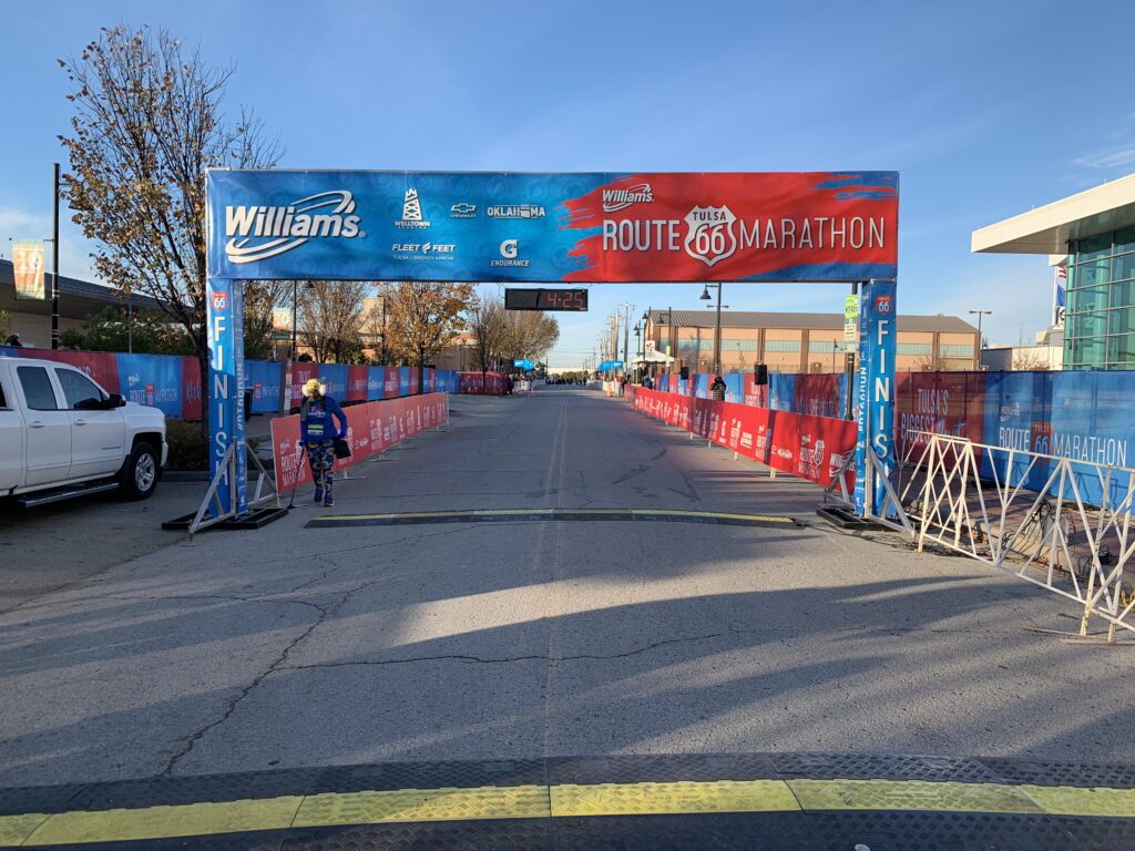 Finish line structure set up outside for the Route 66 Marathon.