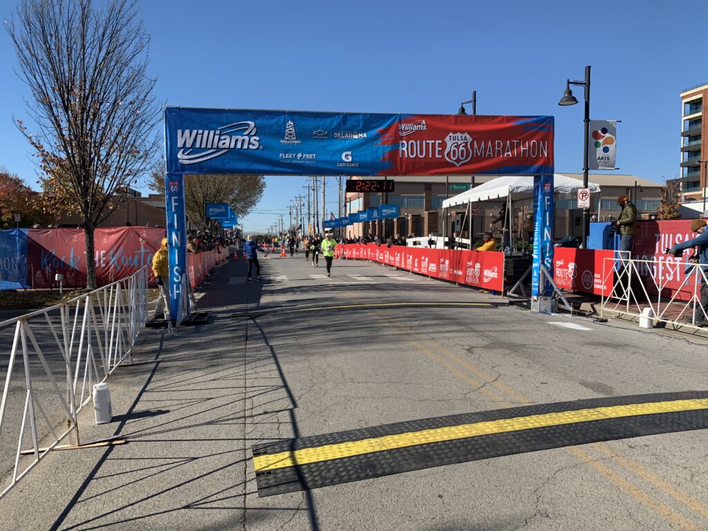 Finish line structure set up outside for the Route 66 Marathon.