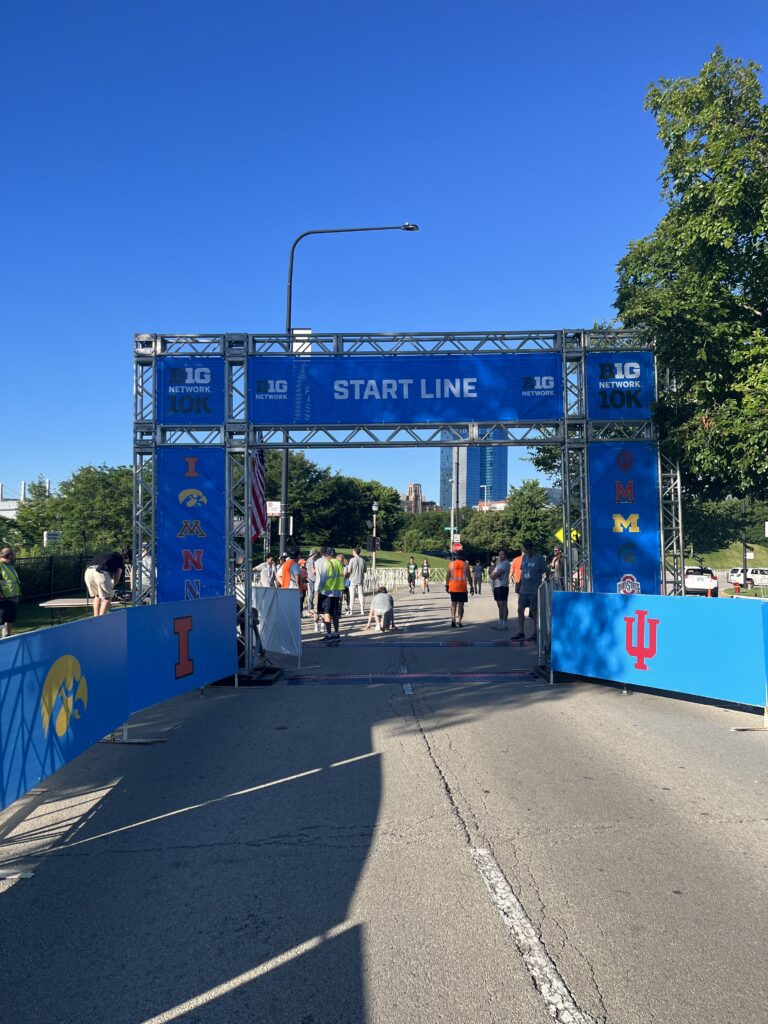 Start / finish line structure set up outside.