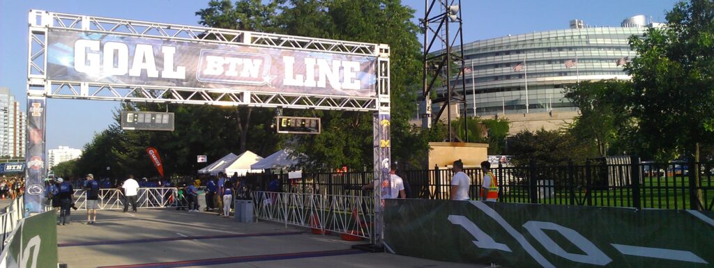 Start / finish line structure set up outside.