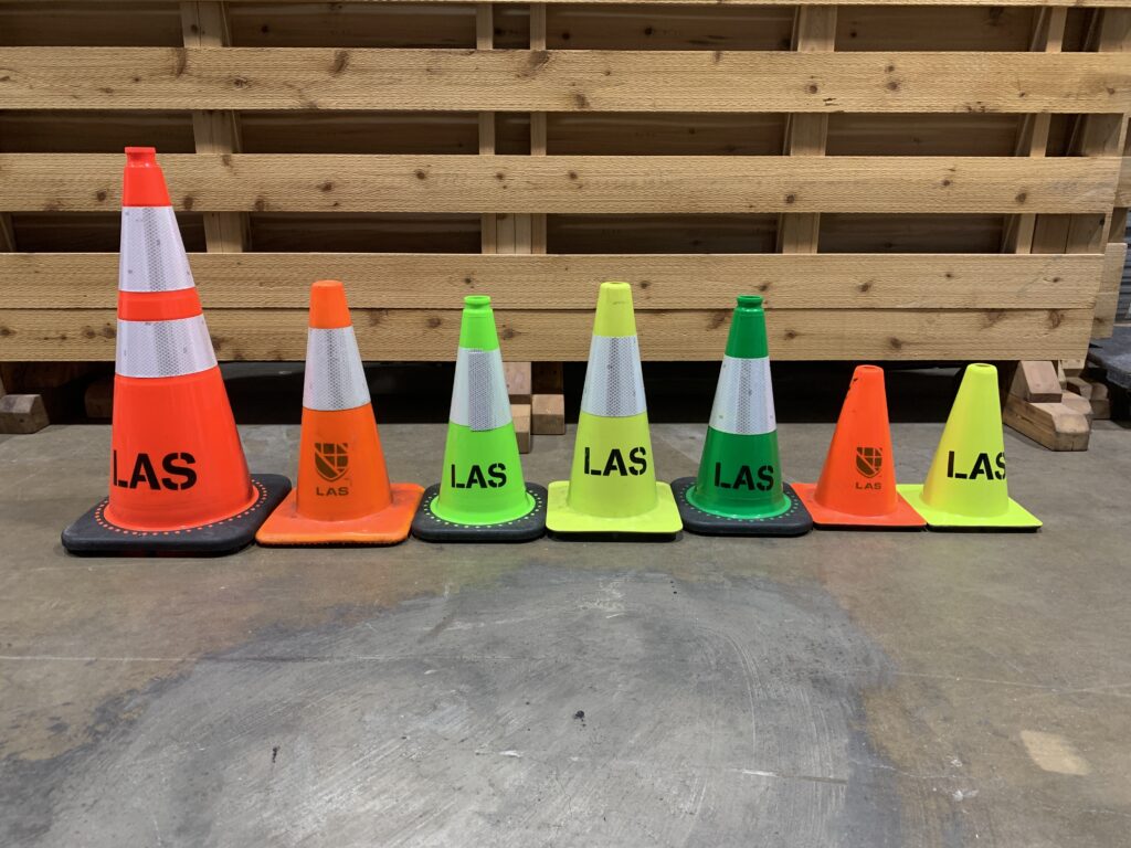 Cones of assorted colors and sizes.