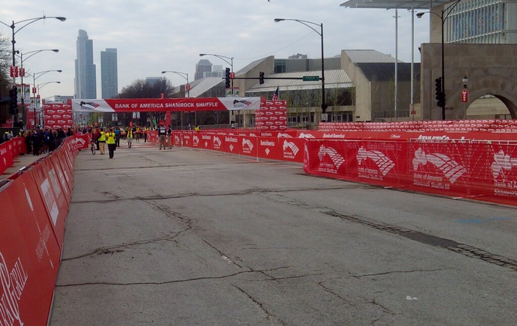 Red French barricades set up outside for the Shamrock Shuffle.