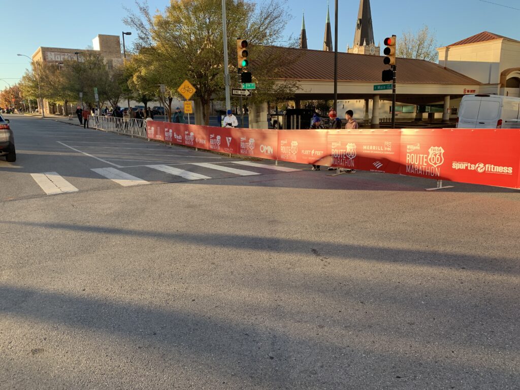 French barricades set up outside for the Route 66 Marathon.