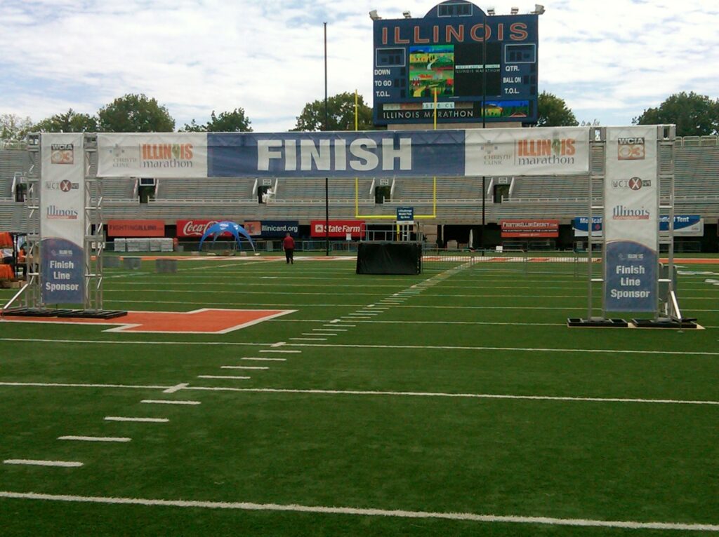 Finish line for the Illinois Marathon set up in and outside stadium.