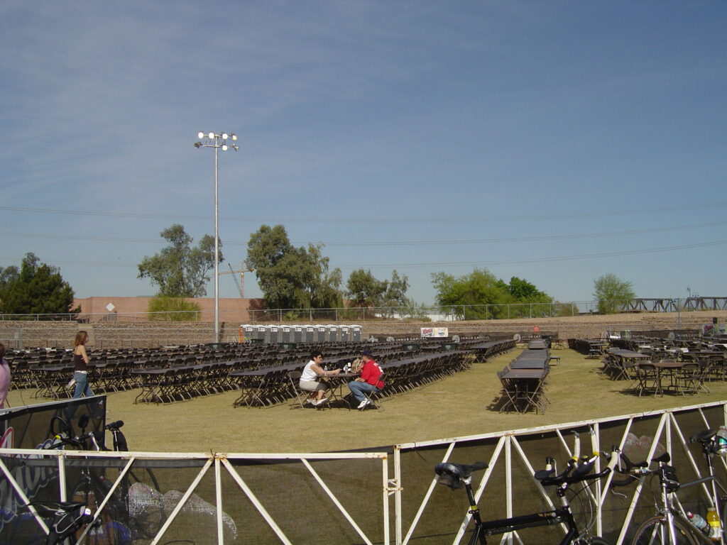 Tables and chairs set up outside for Ironman event.