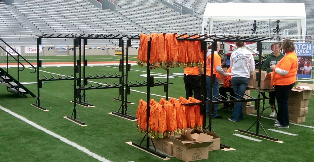 Metal stands set up in an outdoor stadium.