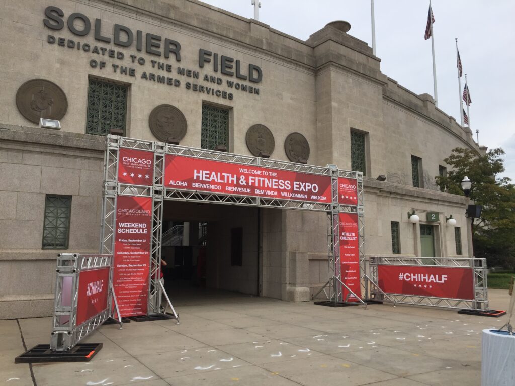 Truss structure set up outside of the Soldier Field building for the Chicago Health and Fitness Expo.